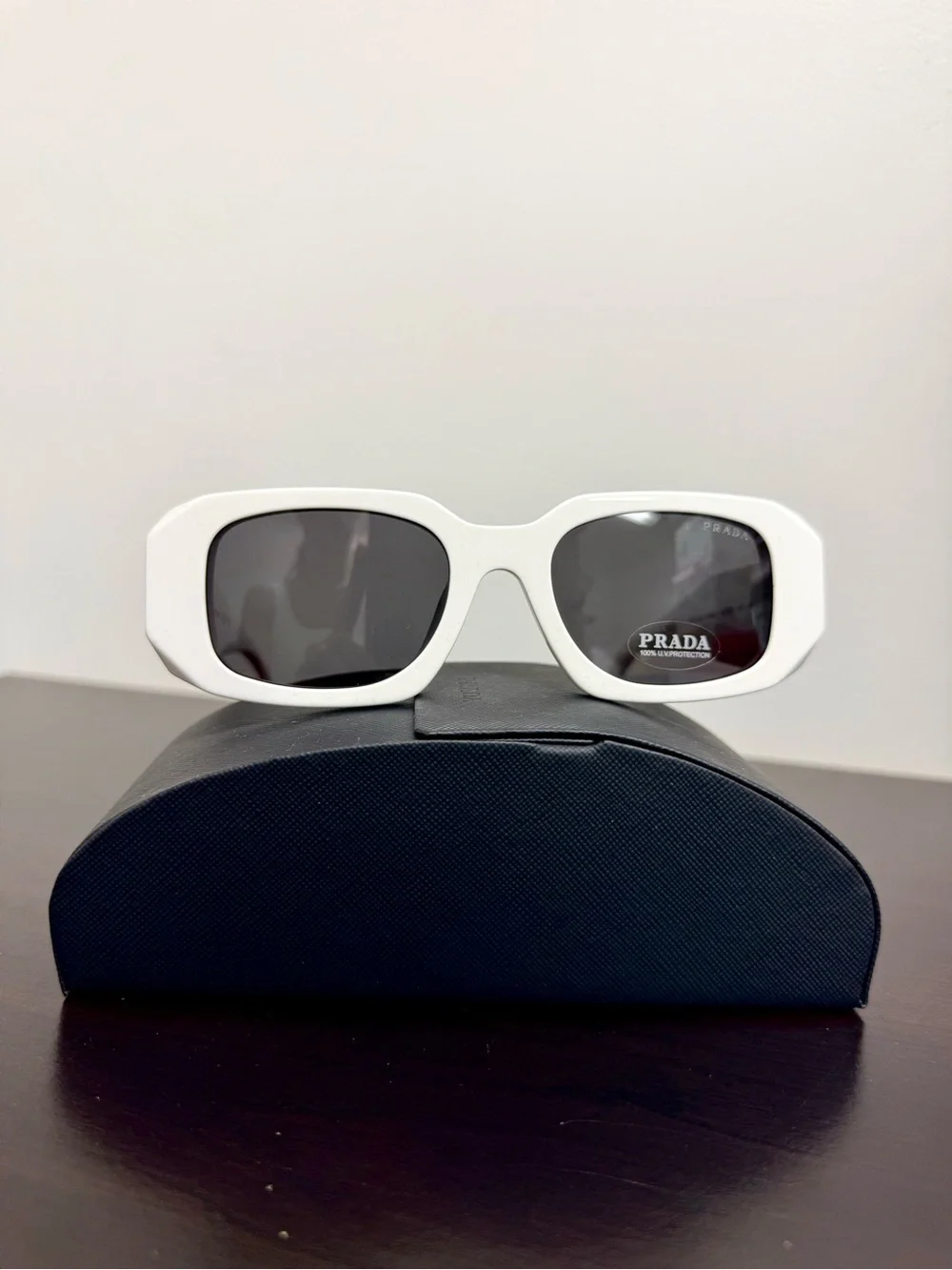 Prada White Oversized Angular Sunglasses with Dark Lenses
